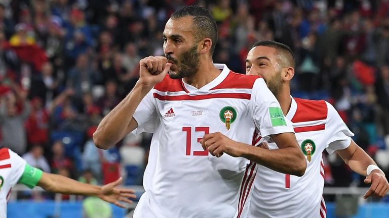 Khalid Boutaïb celebrating his famous opening goal against Spain at the 2018 FIFA World Cup.