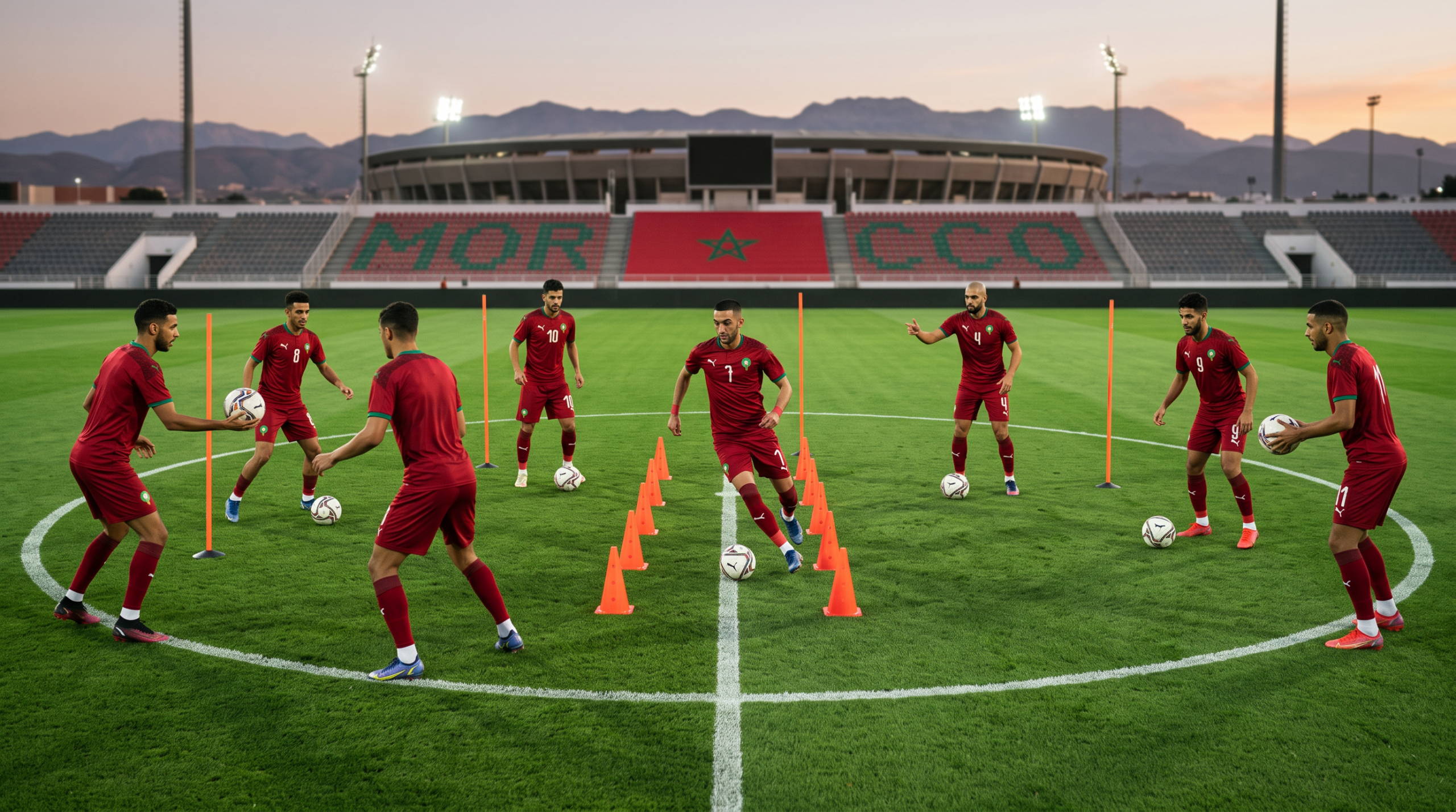 Original editorial sports photograph-style image for a Moroccan football article about eight midfield options: a fictional