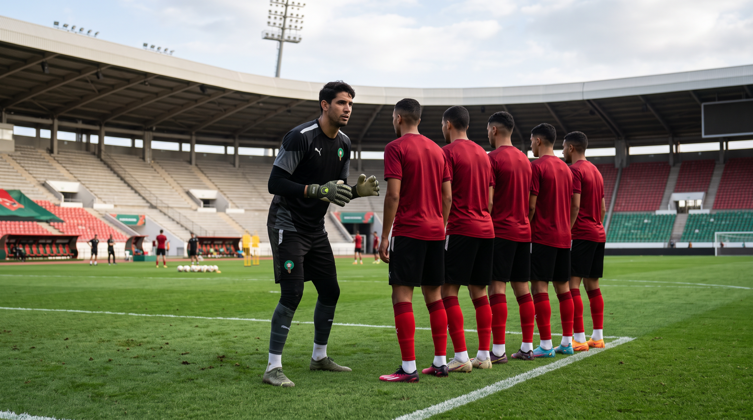 Original editorial sports photograph for a Moroccan football article analyzing goalkeepers and defenders in the national