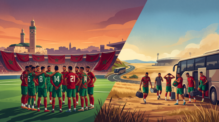 Original editorial sports illustration for a Moroccan football analysis article about the opening two AFCON 2027 qualifying