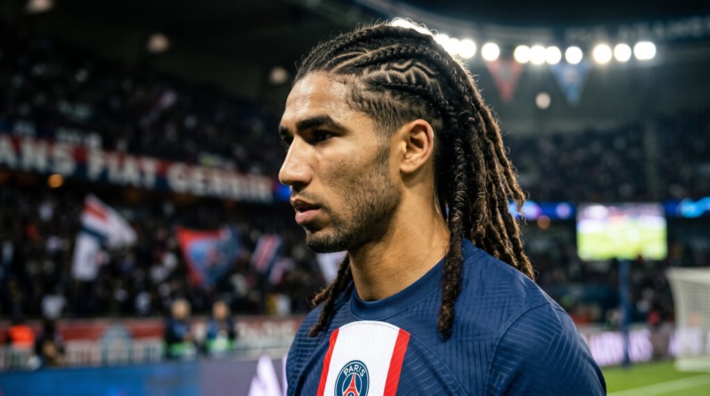 Photo Created by Ai for Lions 12 - Achraf Hakimi with his new braided hairstyle during his time at Paris Saint-Germain