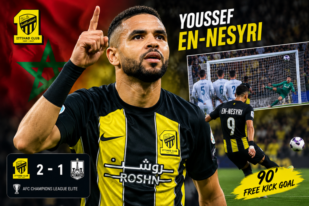 En-Nesyri celebrates his 90th-minute free-kick winner for Al-Ittihad in a 2-1 AFC Champions League Elite victory.