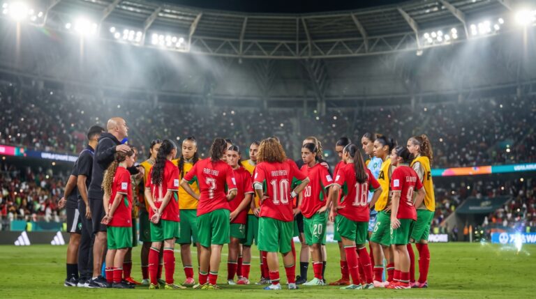 Morocco U17 female football player dribbling past North Korea defender during the FIFA U17 Women's World Cup match in Rabat - Created by AI for Lions12